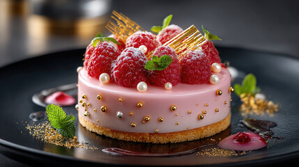 Pink raspberry dessert artfully decorated with fresh raspberries, mint leaves, and golden accents, creating a visually appealing and luxurious culinary experience for fine dining