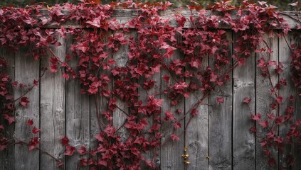 Red climbing ivy vine enveloping a rustic wooden fence, showcasing seasonal change