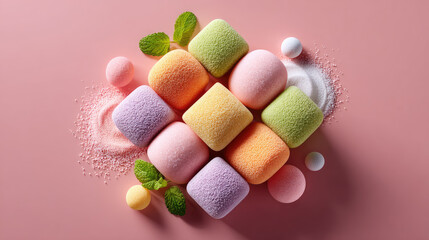 Assortment of pastel mochi pieces and other Japanese wagashi confectionery arranged on a brown surface, creating a minimalist dessert display dusted with powdered sugar and toppings