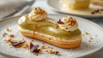 Eclair filled with cream and topped with pistachio, a refined sugar load