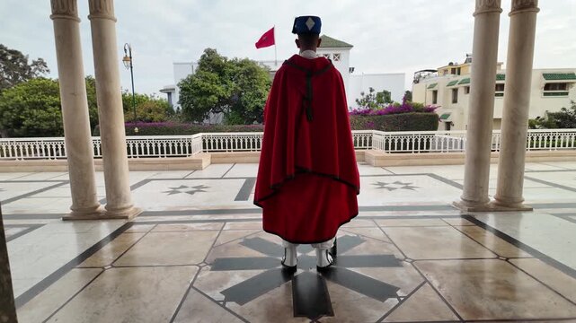 Moroccan Royal Guard Watching the Courtyard of the Mausoleum of Mohammed V &ndash; Rabat, Morocco, October 2025

