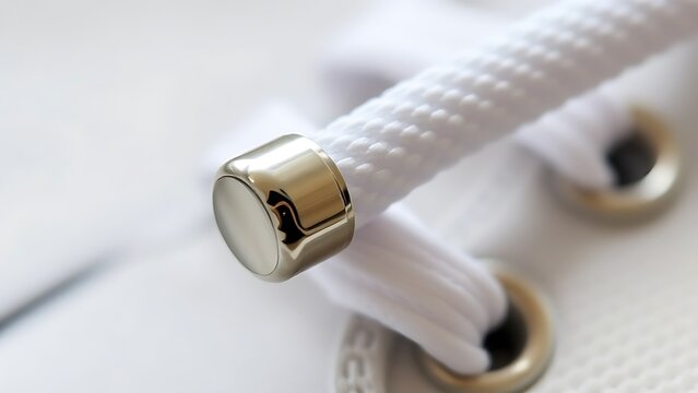 osmium. Polished metal aglet at the end of a white shoelace with metallic texture. lifestyle magazines, social media lookbooks, designed for lifestyle magazines and social media content.