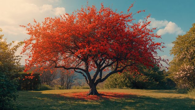 Blooming hawthorn with vibrant red flowers, ideal for summer decor