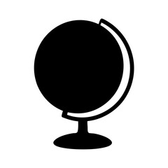 Black silhouette of world globe on stand icon, Simple black icon of a globe on a stand, symbolizing geography, travel, global education, international studies, and world knowledge.
