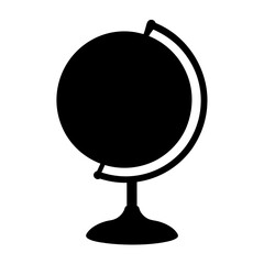 Black and white illustration of a globe with stand on a white background