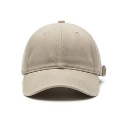 A plain beige baseball cap with a curved brim and an adjustable strap on the back, presented against a white background.