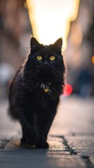 Black Cats Intense Gaze - A Captivating Portrait in Urban Setting.