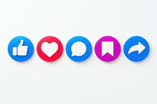 Collection of social media icons including like heart comment bookmark and share on a white background
