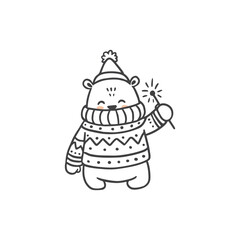 cute cartoon bear wearing a New Year's hat and scarf. Animal in Doodle style drawing for greeting cards, Christmas cards, banners, poster and coloring pages. Vector illustration.
