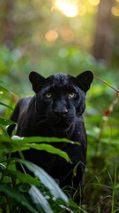Black Panther Stares Intently from Lush Greenery.