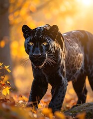 Black Panther Strolling Through Autumnal Forest with Focused Gaze.