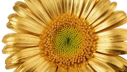 Single golden gerbera bloom with metallic petals and shiny yellow leaves on a white backdrop