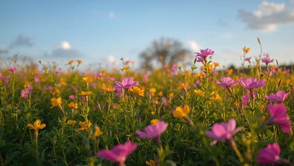 Obraz premium Yellow and pink blossoms scattered across a lush green meadow