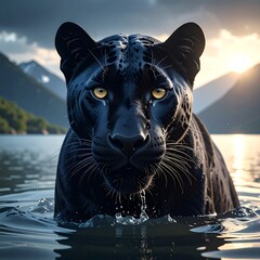 Black Panthers Gaze - A Powerful Portrait in Serene Waters.