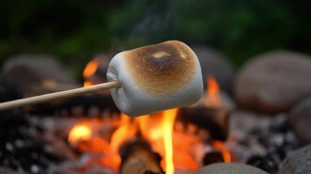 A perfectly roasted marshmallow on a stick glows over a warm outdoor campfire.