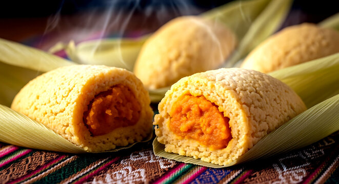 Bolivia Pumpkin Humintas (Humintas de Zapallo). Bolivian pumpkin humintas in corn husks, moist corn dough and filling 