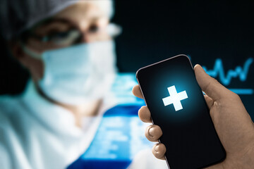 Medical app for test results in phone. Electronic AI. Health recordi in mobile. Lab research technology. EMR report and telemedicine for patient. Medic or scientist with a mask. Drug innovation.
