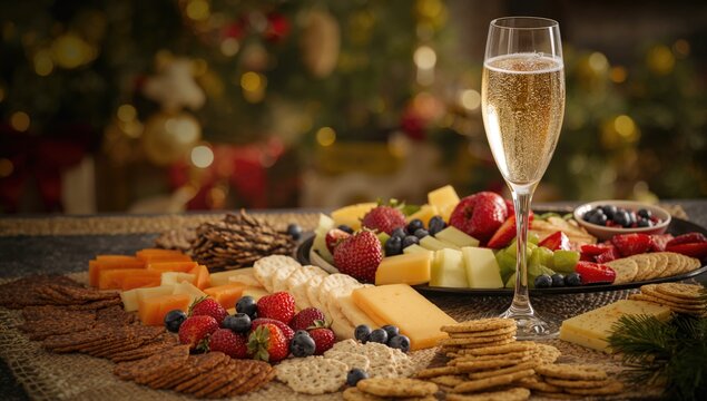 Variety of New Year's treats paired with a champagne flute, festive celebration