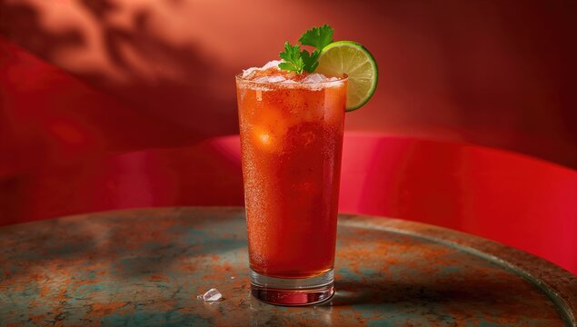 Spicy tomato beer cocktail with seasonings and selective focus