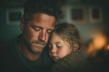 emotional portrait of dad holding sleeping baby in dim room. Generative AI