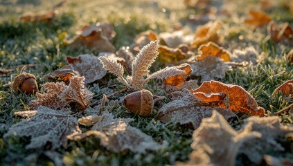 Detailed view of various frost-covered leaves and an acorn lying on the ground during a sunny winter morning