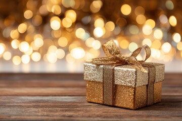 A dazzling golden gift box, intricately wrapped with a shimmering glitter ribbon and bow, is elegantly presented on a textured rustic wooden surface. The scene is bathed in a warm, enchanting glow fro