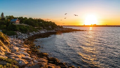 Rocky coastline illuminated by the warm glow of the evening sun