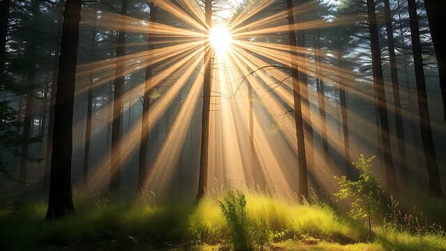 tyndall. Sunlight beams through morning forest mist creating light pillar effect. ESG reports, sustainability campaigns, designed for environmental awareness campaigns, used by professors.