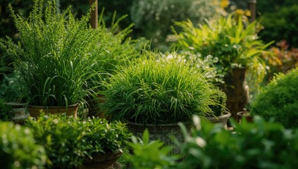 Lush greenery displayed in planters nurtured in a garden setting, promoting plant care awareness