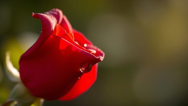 completeness. A single red rose petal with morning dew drops, soft natural light. gardening catalogs, home-decor guides, designed for home decor and floral branding, used by interior designers.