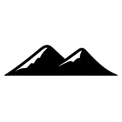 Black silhouette of mountain range with snow peaks, Simple black icon of two mountains with snowy tops, symbolizing nature, hiking, outdoor adventure, exploration, and scenic landscapes.
