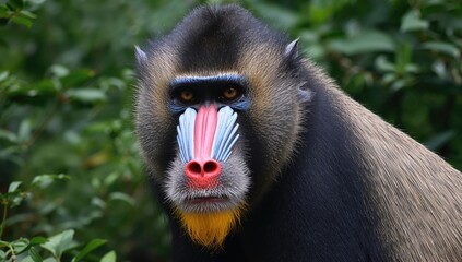 Captive colorful primate with vibrant facial features in wildlife sanctuary