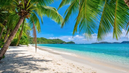 Obraz premium Tropical beach scene featuring palm trees and clear blue water, ideal for summer vacation themes