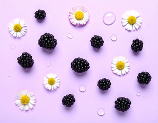 Blackberries and Daisies on a Lilac Background - A Fresh and Natural Composition.