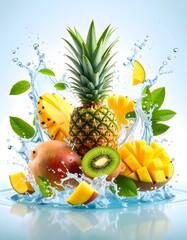 Tropical fruit medley with pineapple, mango, kiwi, and water splash on a reflective surface