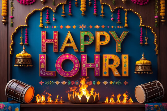 Greeting Card Indian Lohri Fire Festival Traditional Celebration Performance Parikrama AI Generative