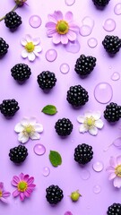 Blackberries and Flowers on Purple Background - A Fresh and Vibrant Composition.