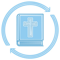 Obraz premium Light Blue Open Book of Faith Illustration with Christian Cross and Circular Arrows