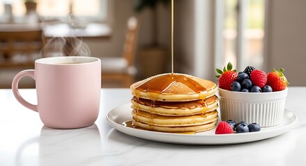 Pancakes with Syrup and Berries Served with Coffee, Pink Mug, Delicious Breakfast on Table, Good Morning Treat