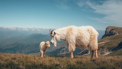 Obraz premium Wild goat nurturing its young in a snowy meadow, natural setting with green grass