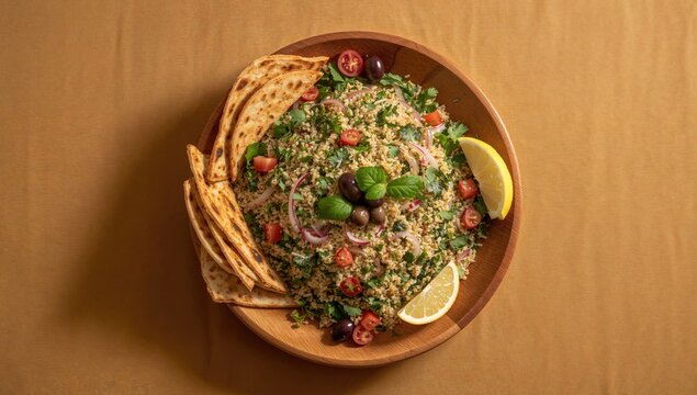 Top view of traditional Middle Eastern tabbouleh and fattoush salads