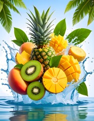 Tropical Fruit Splash: Pineapple, Mango, Kiwi, and Water in Vibrant Composition