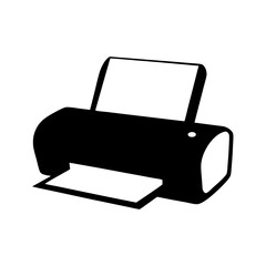 Black silhouette of printer with paper icon, Simple black icon of a desktop printer with paper tray, symbolizing printing, office equipment, documents, and digital-to-paper output.
