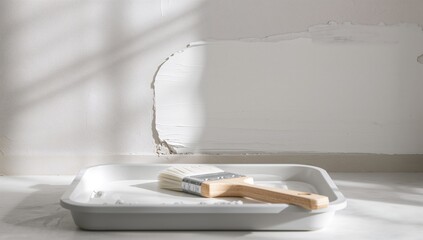DIY home improvement scene featuring a paint tray with glossy white paint and brush, efficiency