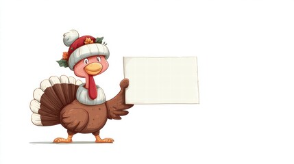 Cute Cartoon Turkey Bird Holding Blank Sign Board, Wearing Winter Holiday Hat, Isolated on White Background