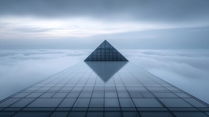 Pyramid atop a grid reflecting clouds; misty, ethereal, high-contrast, minimalist