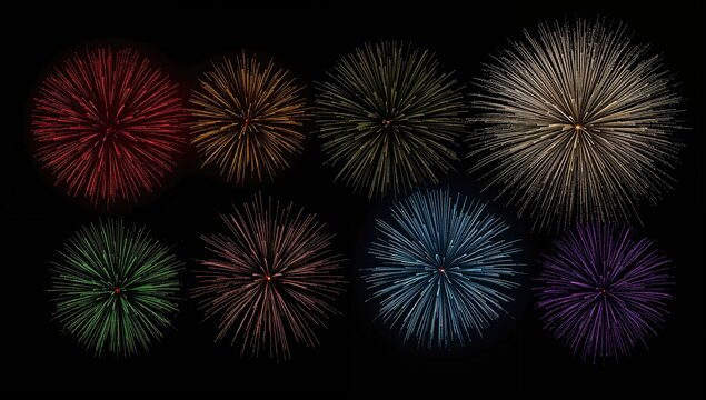 A dark sky illuminated by eight multicolored fireworks - Powered by Adobe