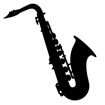 A stark black silhouette of a saxophone against a white backdrop