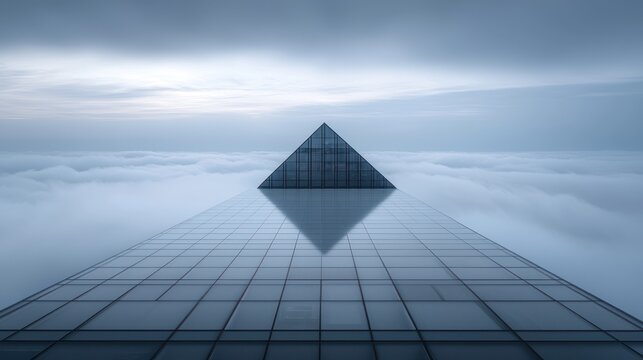 Pyramid atop a grid reflecting clouds; misty, ethereal, high-contrast, minimalist