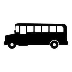 Black silhouette of a bus with multiple windows and two wheels